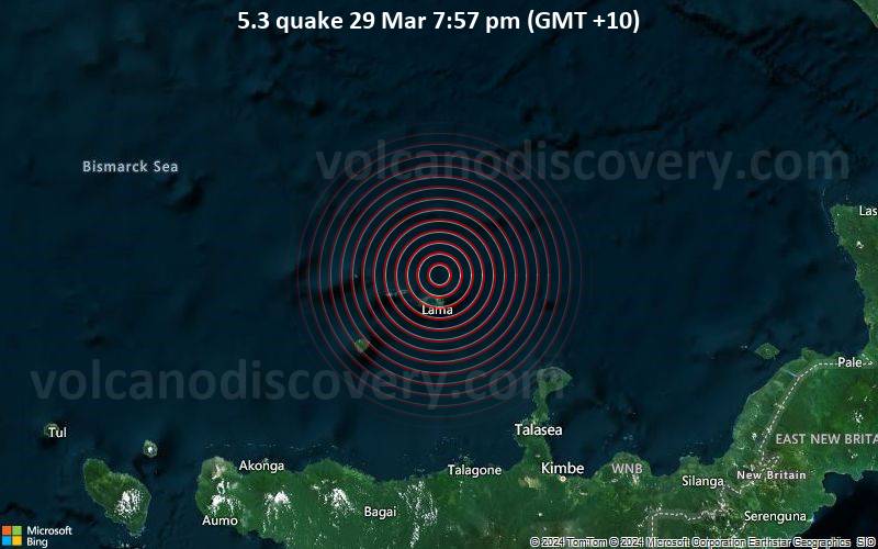 Moderates Erdbeben der Stärke 5.3 - Bismarck Sea am Freitag, 29. März 2024, um 19:57 (Port Moresby Zeit)