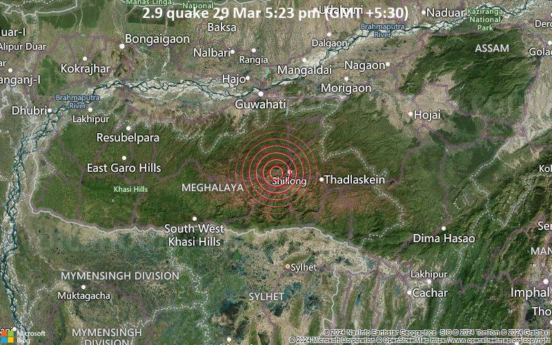 Schwaches Erdbeben Stärke 2.9 - India: East Khasi Hills, Meghalaya, am Freitag, 29. März 2024, um 17:23 (Kolkata Zeit)