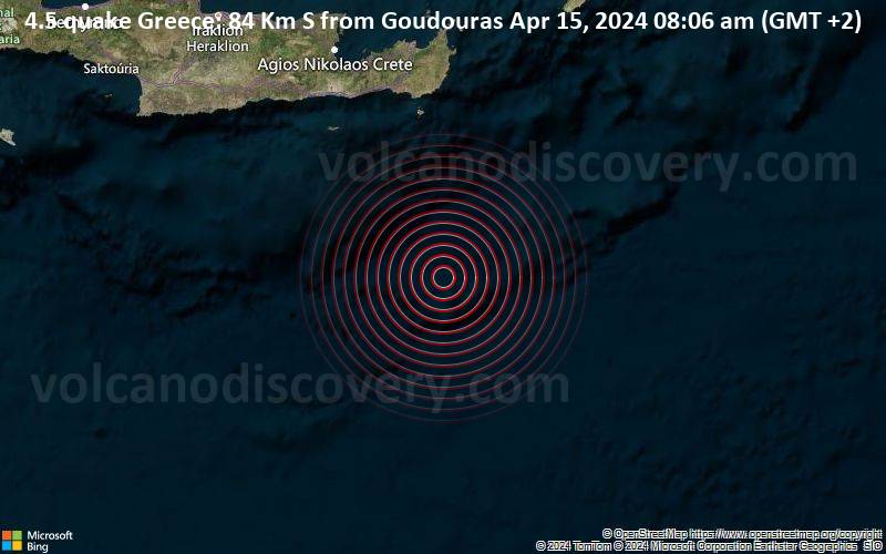 4.5 quake Greece: 84 Km S from Goudouras Apr 15, 2024 08:06 am (GMT +2)