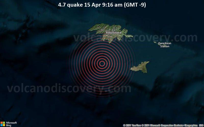 Moderates Erdbeben der Stärke 4.7 - Bering Sea, 50 km südwestlich von Attu Station, Aleutians West, Alaska, USA, am Montag, 15. April 2024, um 09:16 (GMT -9)