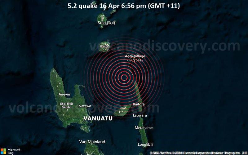 Starkes Beben der Stärke 5.2 - Korallenmeer, 49 km nordwestlich von Maewo , Penama, Vanuatu, am Dienstag, 16. April 2024, um 18:56 (Efate Zeit)