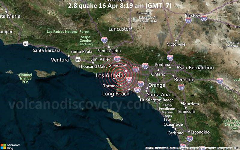 Schwaches Erdbeben Stärke 2.8 - 3.7 km nördlich von Inglewood, Los Angeles County, Kalifornien, USA, am Dienstag, 16. April 2024, um 08:19 (Los Angeles Zeit)