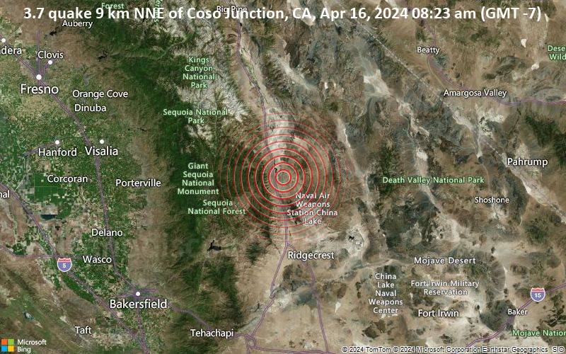 Moderates Erdbeben der Stärke 3.7 - 9 km NNE of Coso Junction, CA, am Dienstag, 16. April 2024, um 08:23 (GMT -7)