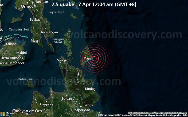 Sehr schwaches Beben Stärke 2.5 - Philippine Sea, 21 km südöstlich von Siargao , Philippinen, am Mittwoch, 17. April 2024, um 00:04 (Manila Zeit)