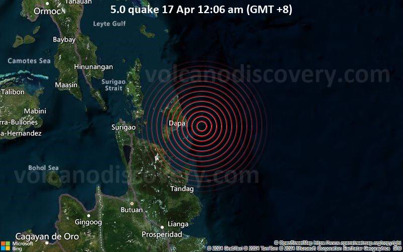 Moderates Erdbeben der Stärke 5.0 - Philippine Sea, 34 km südöstlich von Siargao , Philippinen, am Mittwoch, 17. April 2024, um 00:06 (Manila Zeit)