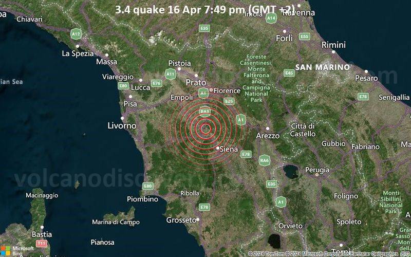Leichtes Erdbeben der Stärke 3.4 - 3.9 km östlich von Poggibonsi, Siena, Toskana, Italien, am Dienstag, 16. April 2024, um 19:49 (Rome Zeit)