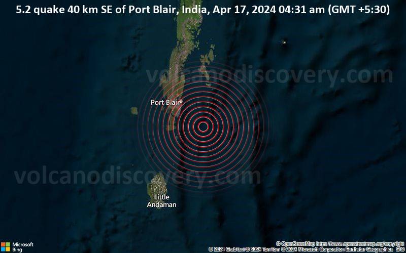 Moderates Erdbeben der Stärke 5.2 - 40 km SE of Port Blair, India, am Mittwoch, 17. April 2024, um 04:31 (GMT +5:30)