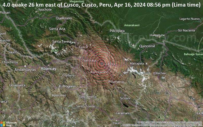 Leichtes Erdbeben der Stärke 4.0 - 26 km östlich von Cusco, Cusco, Peru, am Dienstag, 16. April 2024, um 20:56 (Lima Zeit)