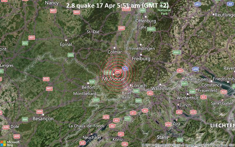 Schwaches Erdbeben Stärke 2.8 - 6.1 km östlich von Mülhausen, Haut-Rhin, Grand Est, Frankreich, am Mittwoch, 17. April 2024, um 05:51 (Paris Zeit)