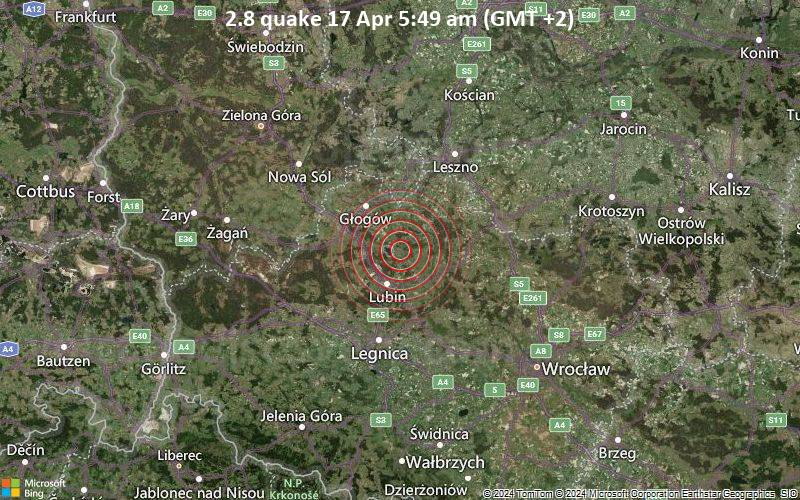Leichtes Erdbeben der Stärke 2.8 - 14 km nördlich von Lubin, Niederschlesien, Polen, am Mittwoch, 17. April 2024, um 05:49 (Warsaw Zeit)