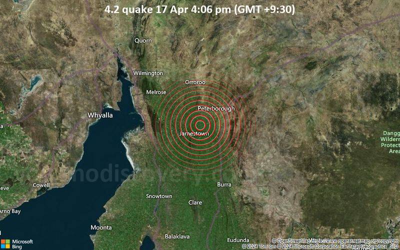 Moderates Erdbeben der Stärke 4.2 - 10 km nordöstlich von Jamestown, Northern Areas, Südaustralien, Australien, am Mittwoch, 17. April 2024, um 16:06 (Adelaide Zeit)