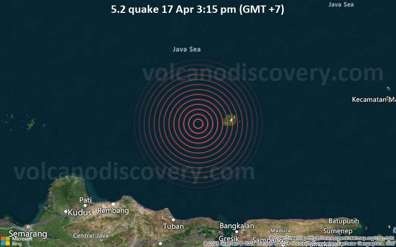 Starkes Beben der Stärke 5.2 - Java Sea, 39 km westlich von Bawean , Jawa Timur, Indonesien, am Mittwoch, 17. April 2024, um 15:15 (GMT +7)