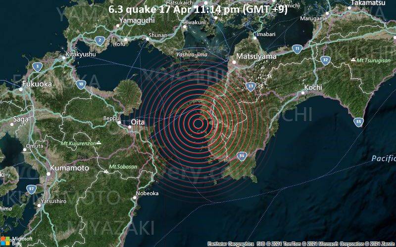 Starkes Beben der Stärke 6.3 - Philippine Sea, 19 km westlich von Uwajima, Ehime, Japan, am Mittwoch, 17. April 2024, um 23:14 (GMT +9)