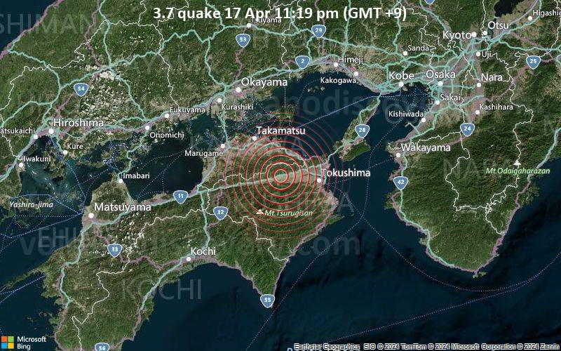 Leichtes Erdbeben der Stärke 3.7 - Japan: TOKUSHIMA PREF am Mittwoch, 17. April 2024, um 23:19 (GMT +9)
