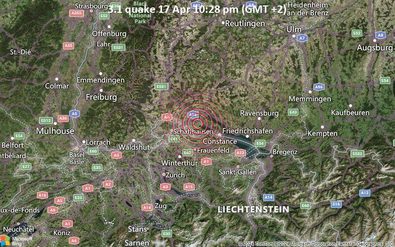 Schwaches Erdbeben Stärke 3.1 - 6 km östlich von Singen, Baden-Württemberg, Deutschland, am Mittwoch, 17. April 2024, um 22:28 (GMT +2)