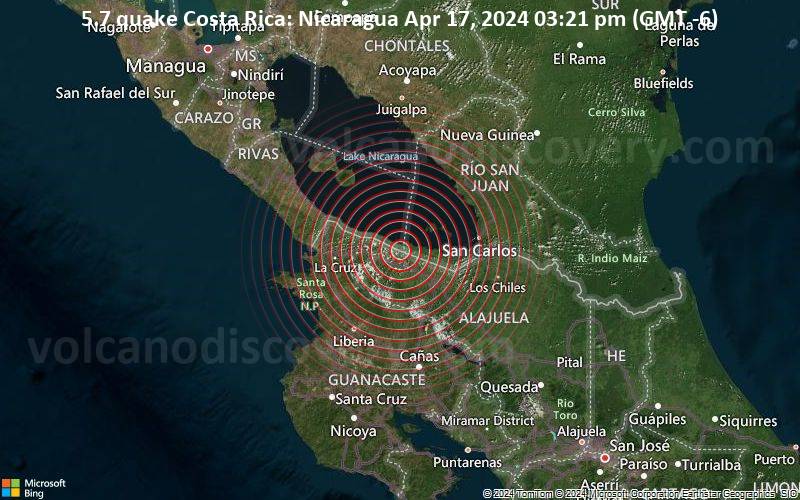 Starkes Beben der Stärke 5.7 - Costa Rica: Nicaragua am Mittwoch, 17. April 2024, um 15:21 (GMT -6)