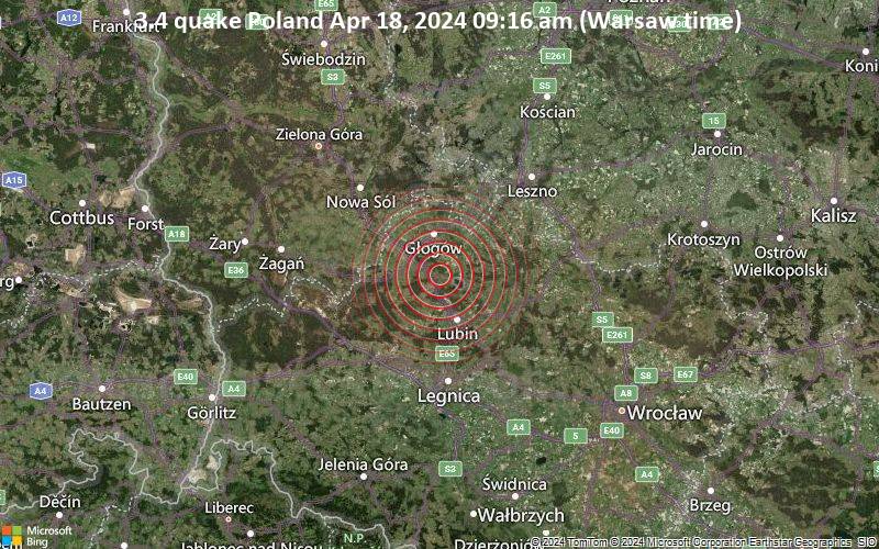 Leichtes Erdbeben der Stärke 3.4 - Poland am Donnerstag, 18. April 2024, um 09:16 (Warsaw Zeit)