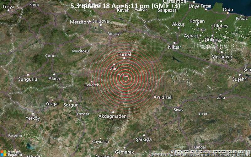 Moderates Erdbeben der Stärke 5.3 - 30 km südlich von Turhal, Tokat, Türkei, am Donnerstag, 18. April 2024, um 18:11 (Istanbul Zeit)