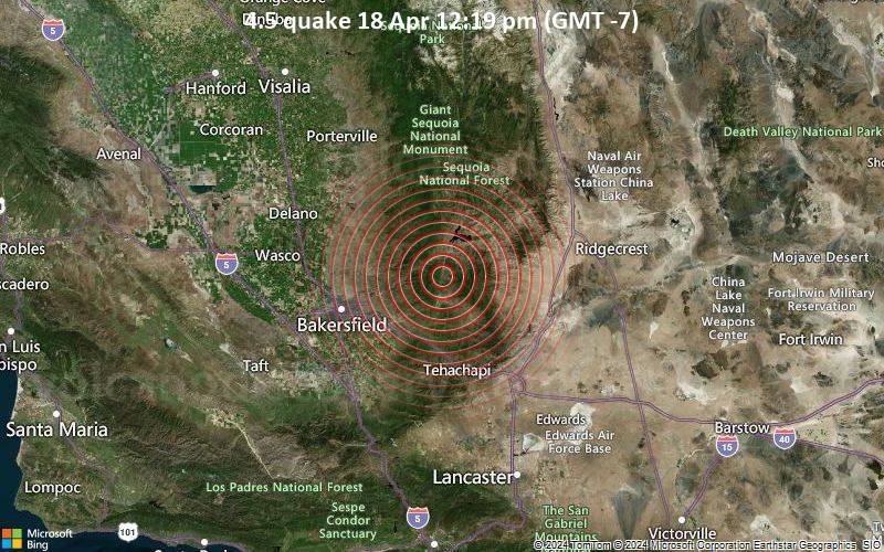 Moderates Erdbeben der Stärke 4.5 - 48 km östlich von Bakersfield, Kern County, Kalifornien, USA, am Donnerstag, 18. April 2024, um 12:19 (GMT -7)