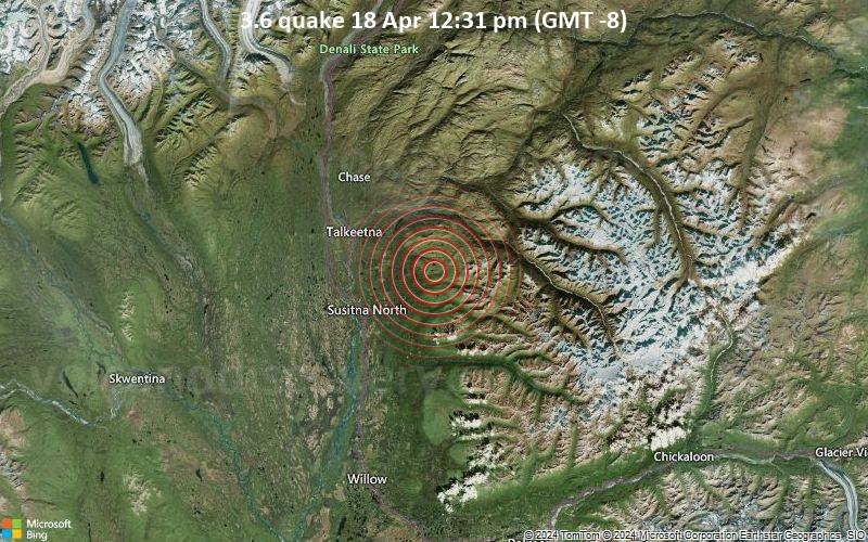 Schwaches Erdbeben Stärke 3.6 - 10 km NE of Susitna North, Alaska, am Donnerstag, 18. April 2024, um 12:31 (Anchorage Zeit)