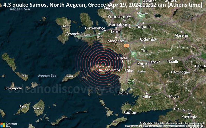 Moderates Erdbeben der Stärke 4.3 - Greece: 12 Km E from Karlovasi Samou am Freitag, 19. April 2024, um 11:02 (Athens Zeit)