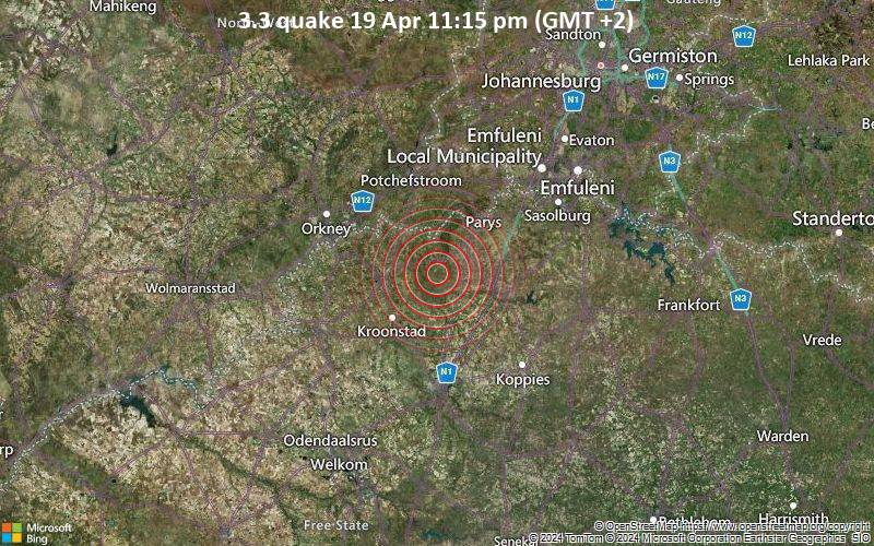 Leichtes Erdbeben der Stärke 3.3 - 28 km östlich von Viljoenskroon, Free, Südafrika, am Freitag, 19. April 2024, um 23:15 (Johannesburg Zeit)