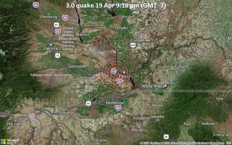 Leichtes Erdbeben der Stärke 3.0 - 5 km S of Richland, Washington, am Freitag, 19. April 2024, um 21:18 (Los Angeles Zeit)