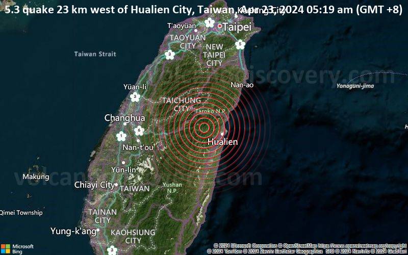 5.3 quake 23 km west of Hualien City, Taiwan, Apr 23, 2024 05:19 am (GMT +8)