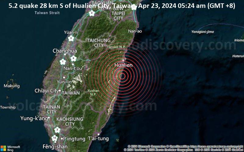 5.2 quake 28 km S of Hualien City, Taiwan, Apr 23, 2024 05:24 am (GMT +8)