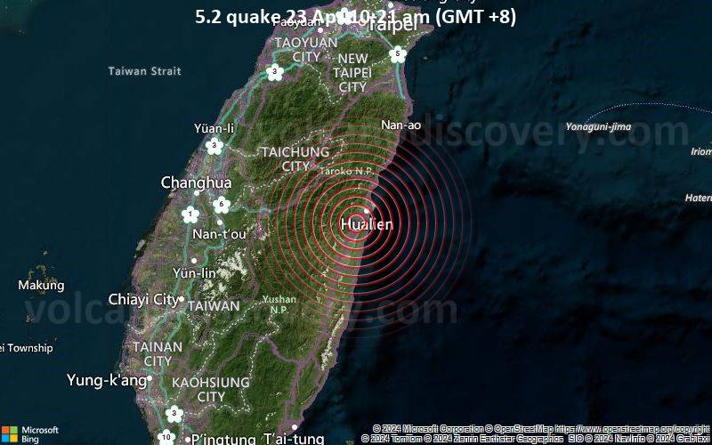 Starkes Beben der Stärke 5.2 - 10.4 km südwestlich von Hualien City, Taiwan, am Dienstag, 23. April 2024, um 10:21 (GMT +8)