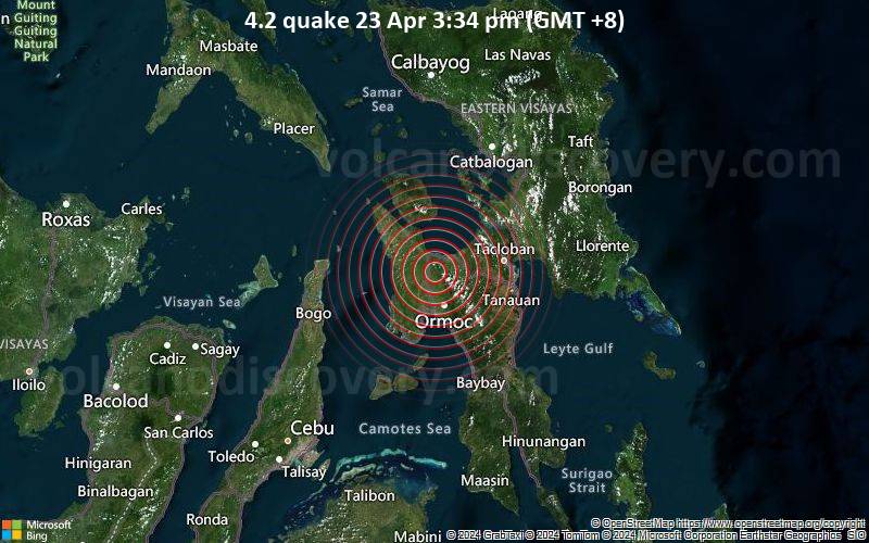 Moderates Erdbeben der Stärke 4.2 - 24 km nördlich von Ormoc, Leyte, Eastern Visayas, Philippinen, am Dienstag, 23. April 2024, um 15:34 (Manila Zeit)