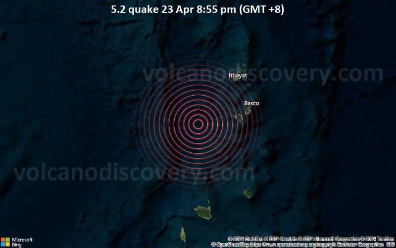 Moderates Erdbeben der Stärke 5.2 - 64 km westlich von Basco, Batanes, Cagayan Valley, Philippinen, am Dienstag, 23. April 2024, um 20:55 (GMT +8)