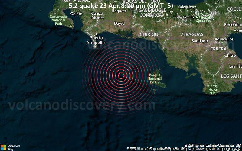 Starkes Beben der Stärke 5.2 - Nordpazifik, 118 km südlich von David, Chiriqui, Panama, am Dienstag, 23. April 2024, um 20:20 (GMT -5)