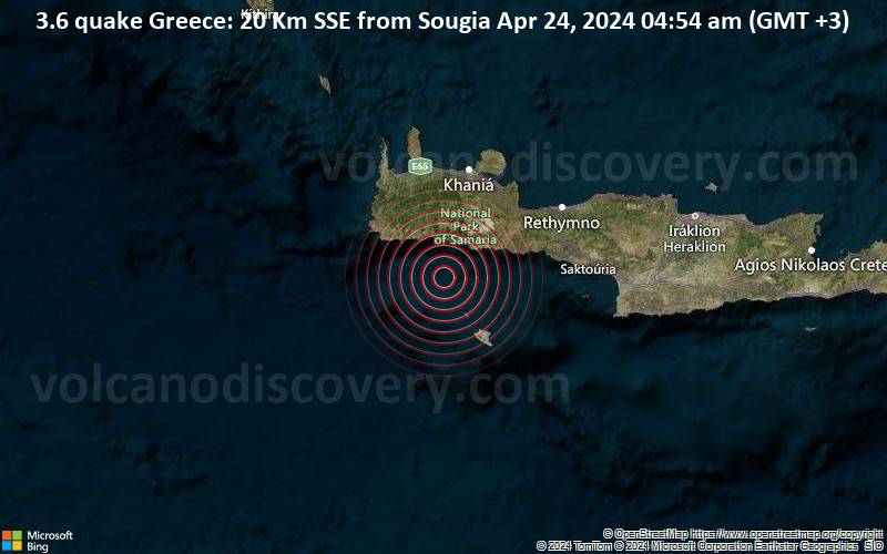 3.6 quake Greece: 20 Km SSE from Sougia Apr 24, 2024 04:54 am (GMT +3)