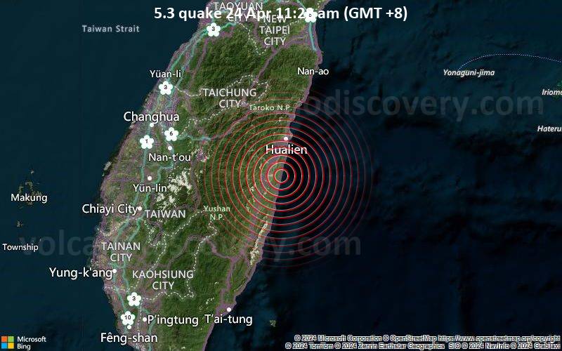 Starkes Beben der Stärke 5.3 - Taiwan am Mittwoch, 24. April 2024, um 11:28 (Taipei Zeit)