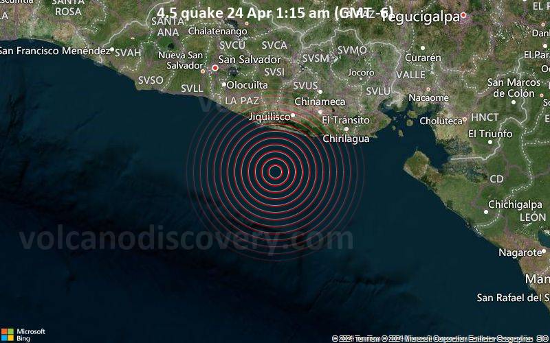 Leichtes Erdbeben der Stärke 4.5 - 46 km SSW of Puerto El Triunfo, El Salvador, am Mittwoch, 24. April 2024, um 01:15 (GMT -6)