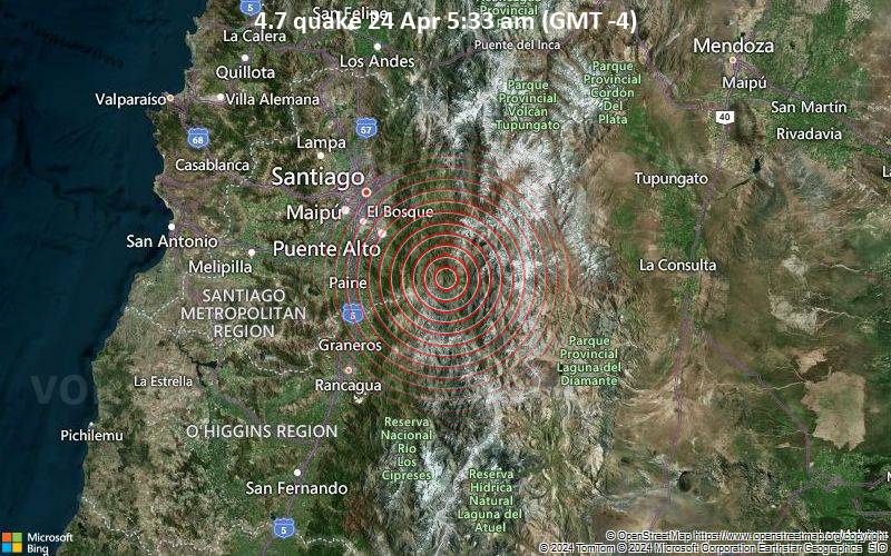 Leichtes Erdbeben der Stärke 4.7 - Chile: 20 km al SE de San José de Maipo am Mittwoch, 24. April 2024, um 05:33 (Santiago Zeit)