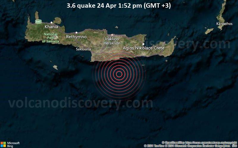 Leichtes Erdbeben der Stärke 3.6 - Östliches Mittelmeer, 66 km südlich von Heraklion, Griechenland, am Mittwoch, 24. April 2024, um 13:52 (GMT +3)