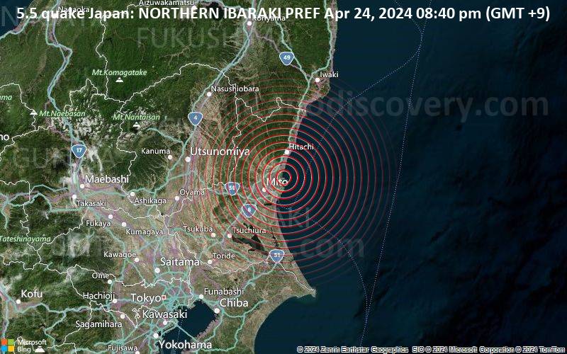 Moderates Erdbeben der Stärke 5.5 - Japan: NORTHERN IBARAKI PREF am Mittwoch, 24. April 2024, um 20:40 (GMT +9)