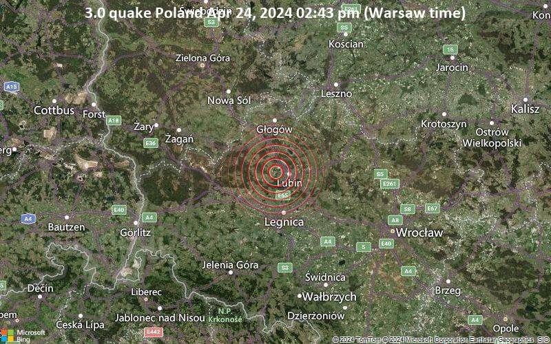 Leichtes Erdbeben der Stärke 3.0 - Poland am Mittwoch, 24. April 2024, um 14:43 (Warsaw Zeit)