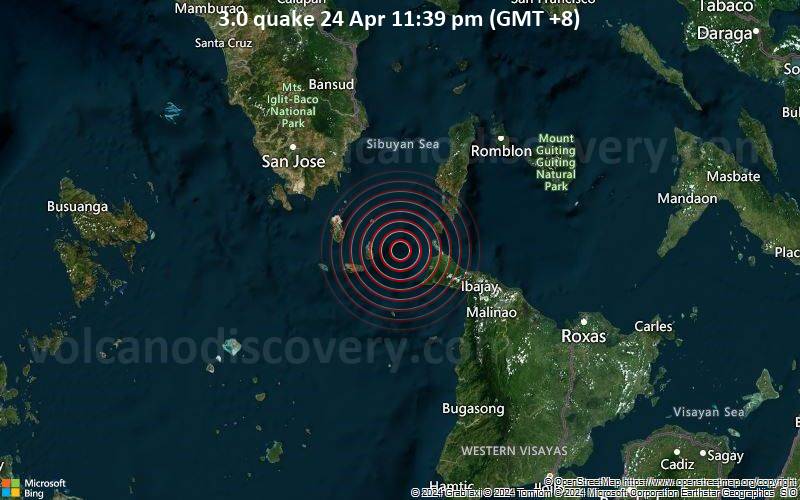 Leichtes Erdbeben der Stärke 3.0 - Sulusee, 19 km östlich von Caluya , Antique, Western Visayas, Philippinen, am Mittwoch, 24. April 2024, um 23:39 (Manila Zeit)