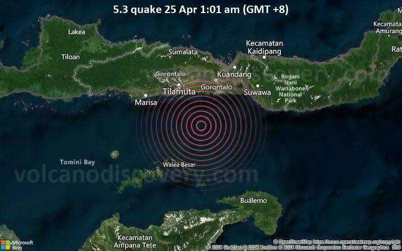 Moderates Erdbeben der Stärke 5.3 - 71 km südwestlich von Gorontalo, Gorontalo, Indonesien, am Donnerstag, 25. April 2024, um 01:01 (GMT +8)