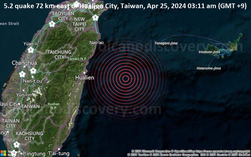 5.2 quake 72 km east of Hualien City, Taiwan, Apr 25, 2024 03:11 am (GMT +9)