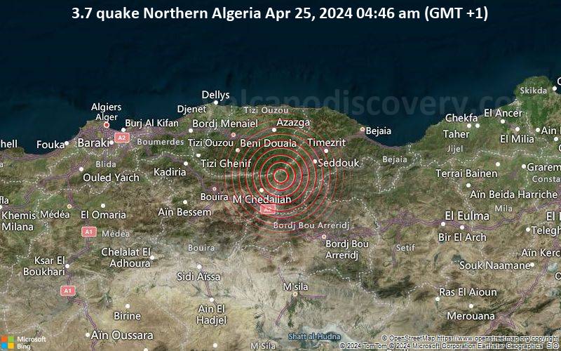 3.7 quake Northern Algeria Apr 25, 2024 04:46 am (GMT +1)