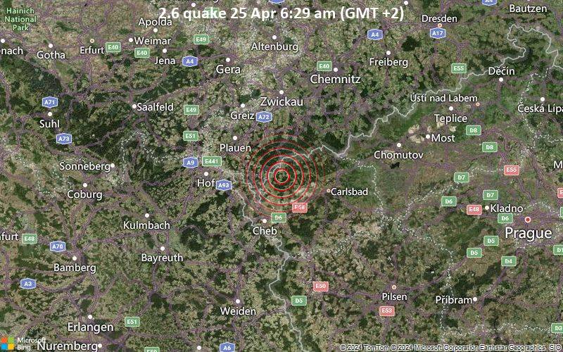 Schwaches Erdbeben Stärke 2.6 - Czech Republic am Donnerstag, 25. April 2024, um 06:29 (Prague Zeit)