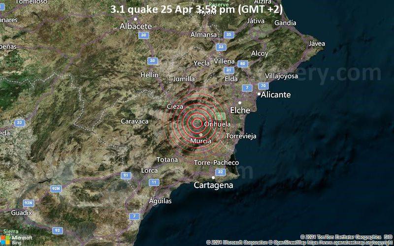 Leichtes Erdbeben der Stärke 3.1 - Spain: NE MOLINA DE SEGURA.MU am Donnerstag, 25. April 2024, um 15:58 (Madrid Zeit)