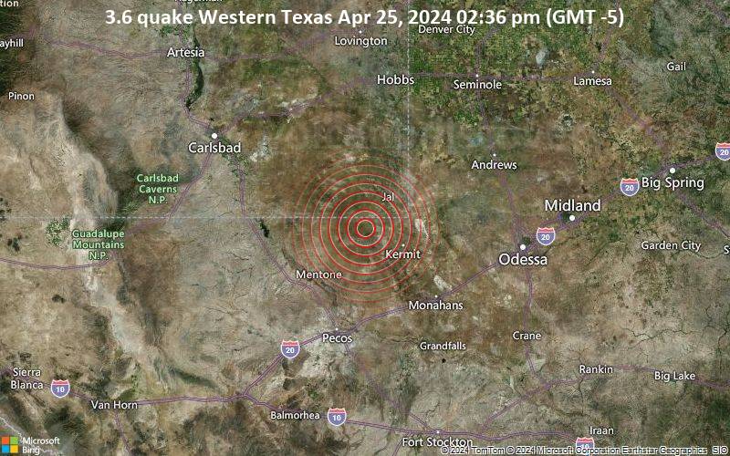 3.6 quake Western Texas Apr 25, 2024 02:36 pm (GMT -5)