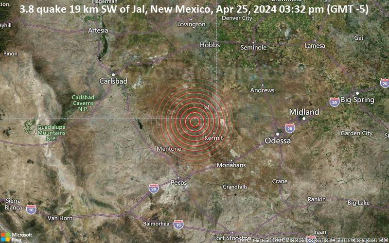 3.8 quake 19 km SW of Jal, New Mexico, Apr 25, 2024 03:32 pm (GMT -5)