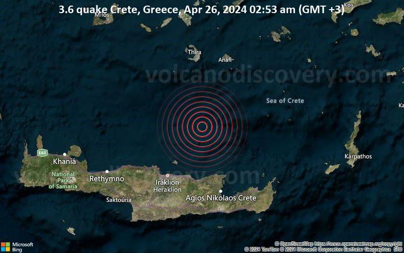 Leichtes Erdbeben der Stärke 3.6 - Crete, Greece, am Freitag, 26. April 2024, um 02:53 (GMT +3)