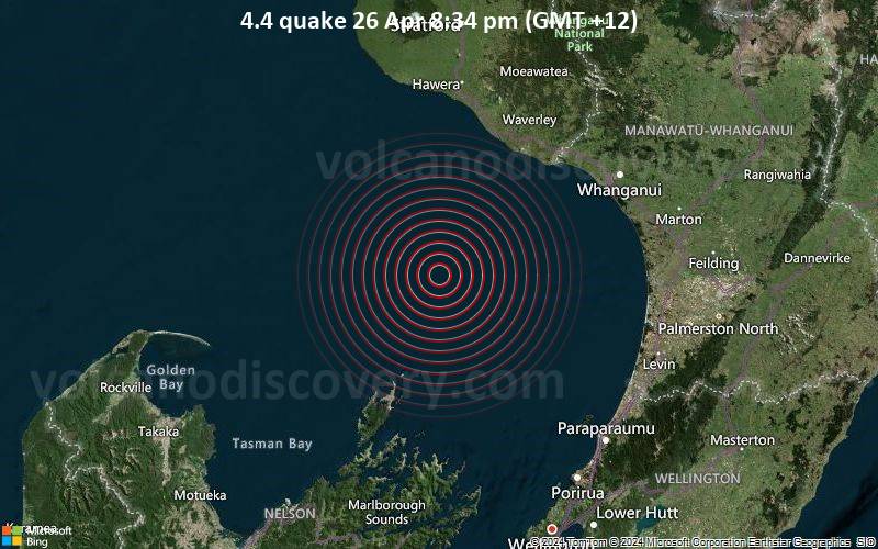 Leichtes Erdbeben der Stärke 4.4 - Tasman Sea, 83 km südwestlich von Whanganui, Manawatu-Wanganui, Neuseeland, am Freitag, 26. April 2024, um 20:34 (GMT +12)